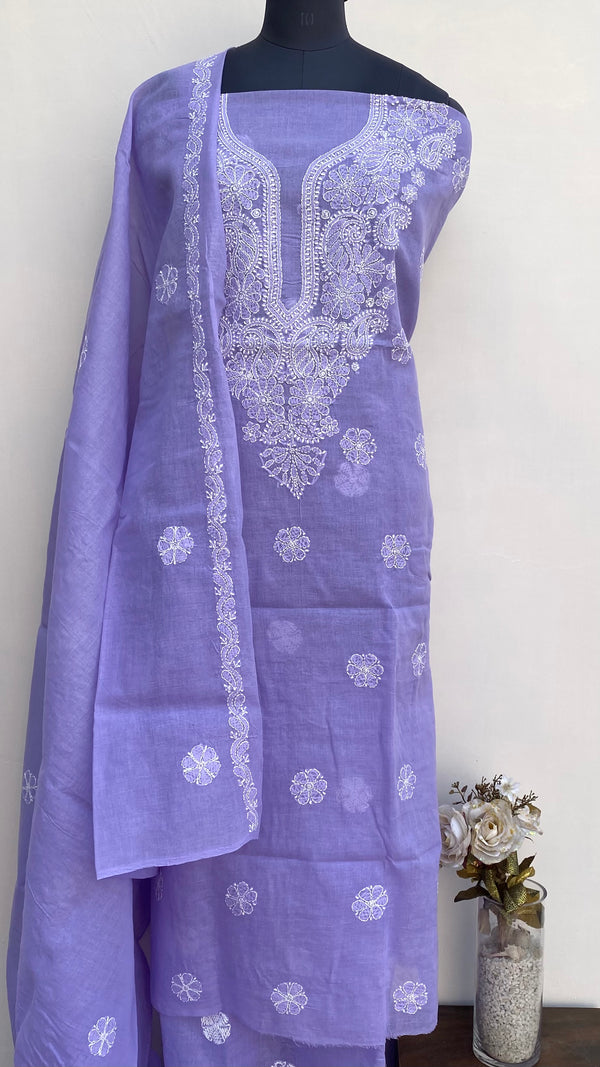 Lucknowi Chikankari Suit Length 3 Piece Purple Cotton With Embroidered Cotton Dupatta