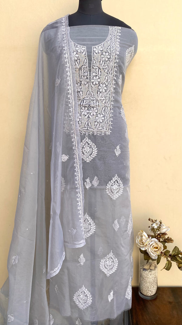 Lucknowi Chikankari Suit Length 2 Piece Gray Organza With Sequence & Cutdana Work