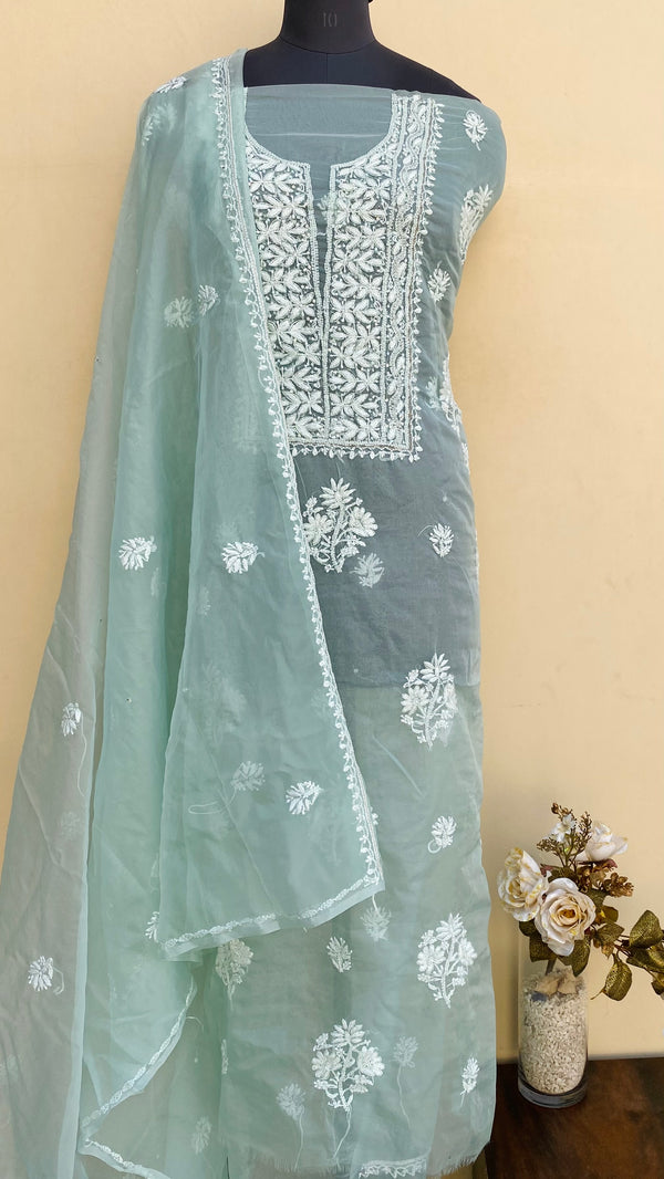 Lucknowi Chikankari Suit Length 2 Piece Sea Green Organza With Sequence & Cutdana Work