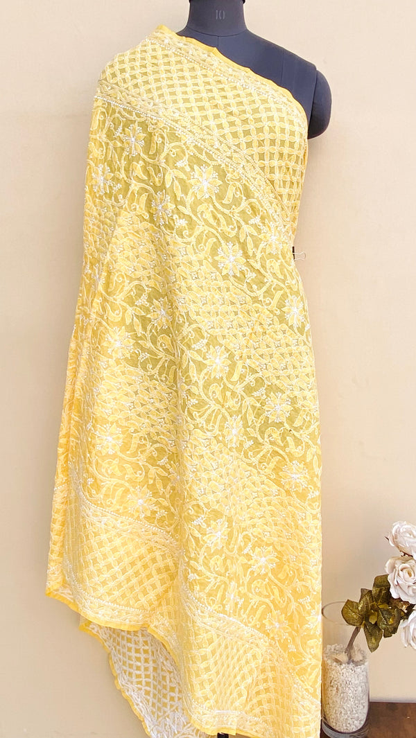 Lucknowi Chikankari Dupatta Yellow Mulmul Cotton