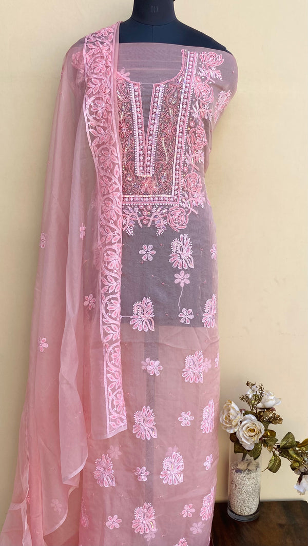 Lucknowi Chikankari Suit Length 2 Piece Pink Organza With Sequence & Pearl Work