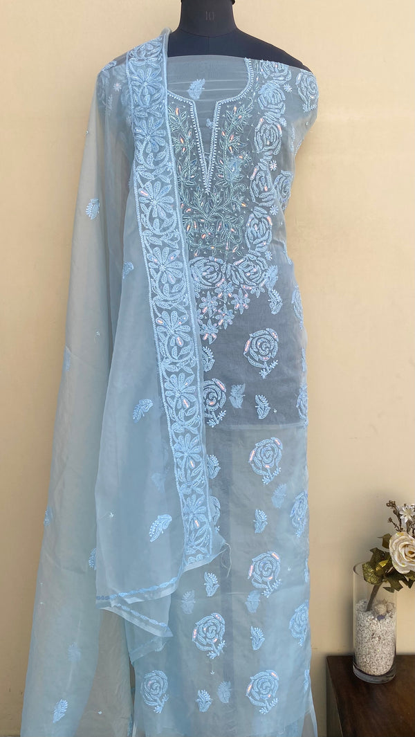 Lucknowi Chikankari Suit Length 2 Piece Powder Blue Organza With Sequence & Pearl Work