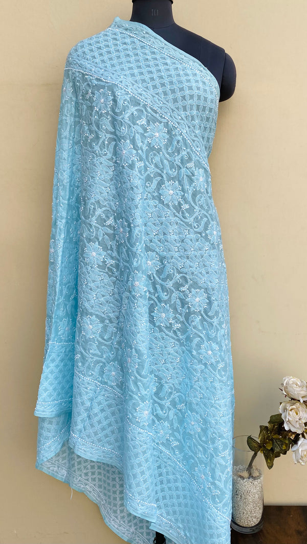 Lucknowi Chikankari Dupatta Blue Mulmul Cotton