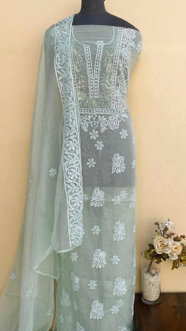 Lucknowi Chikankari Suit Length 2 Piece Pista Green Organza With Sequence & Pearl Work