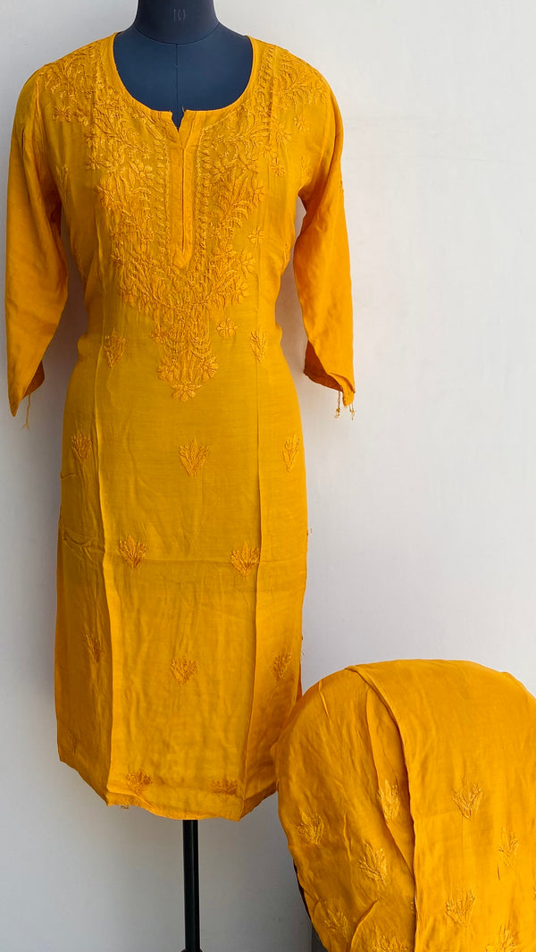 Lucknowi Chikankari Co-ord Set Mustard Muslin Cotton With Self Work