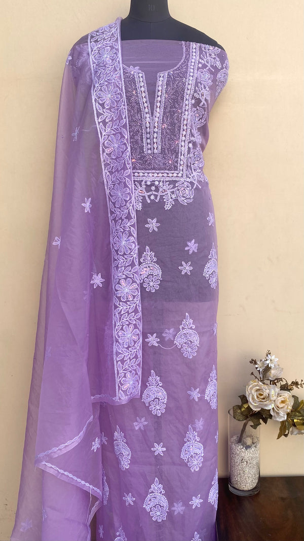 Lucknowi Chikankari Suit Length 2 Piece Purple Organza With Sequence & Pearl Work