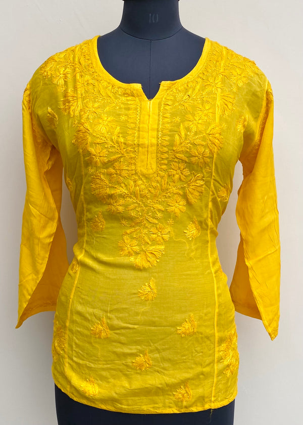 Lucknowi Chikankari Short Kurti Mustard Muslin Cotton With Self 3D Work