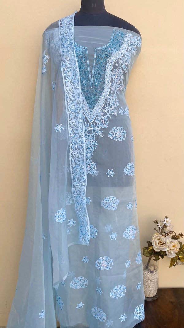 Lucknowi Chikankari Suit Length 2 Piece Powder Blue Organza With Sequence & Pearl Work