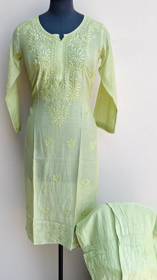 Lucknowi Chikankari Co-ord Set Parrot Green Muslin Cotton With Self Work