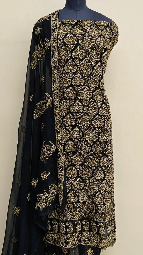 Lucknowi Chikankari Suit Length 3 Piece Black Georgette