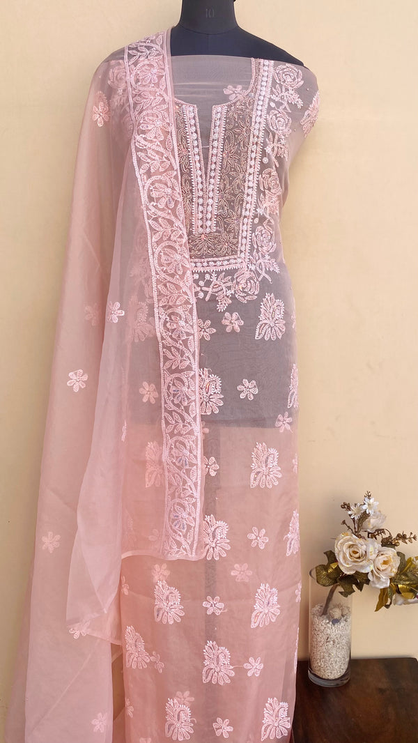 Lucknowi Chikankari Suit Length 2 Piece Peach Organza With Sequence & Pearl Work