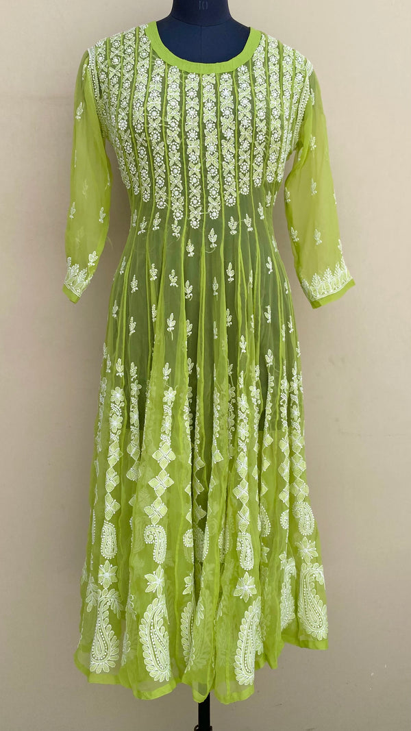 Lucknowi Chikankari Anarkali Kurti Parrot Green Georgette