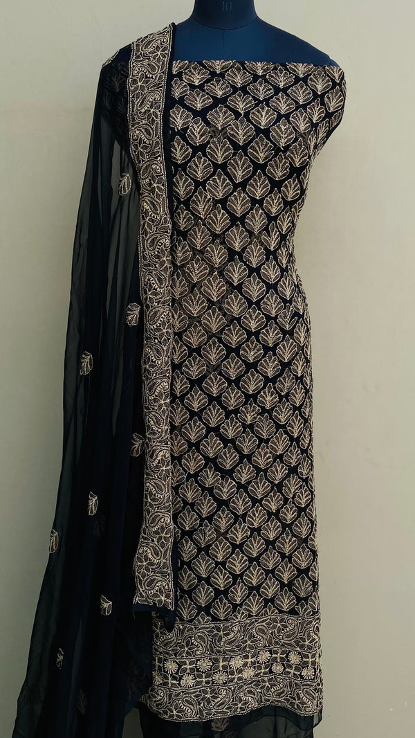 Lucknowi Chikankari Suit Length 3 Piece Black Georgette