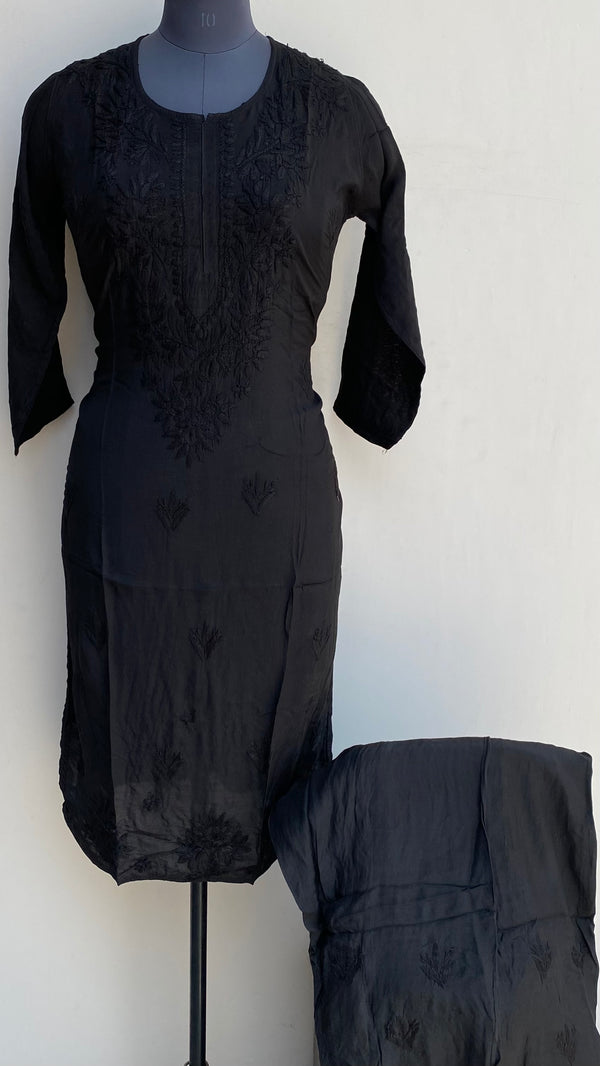 Lucknowi Chikankari Co-ord Set Black Muslin Cotton With Self Work