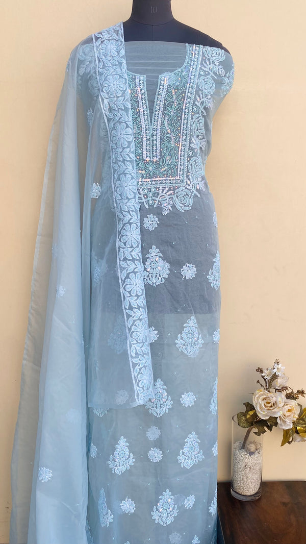 Lucknowi Chikankari Suit Length 2 Piece Powder Blue Organza With Sequence & Pearl Work