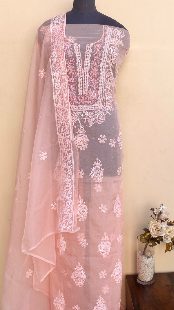 Lucknowi Chikankari Suit Length 2 Piece Peach Organza With Sequence & Pearl Work