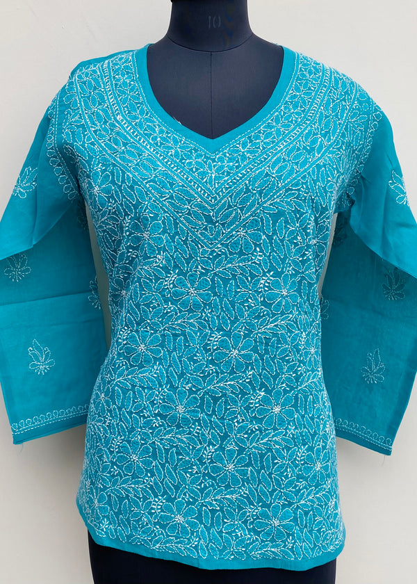 Lucknowi Chikankari Short Kurti Sea Green Cotton