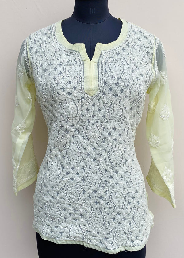 Lucknowi Chikankari Short Kurti Lemon Yellow Georgette