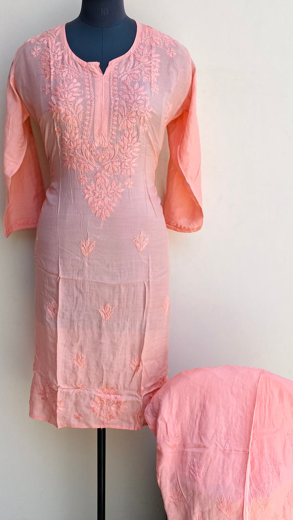 Lucknowi Chikankari Co-ord Set Peach Muslin Cotton With Self Work
