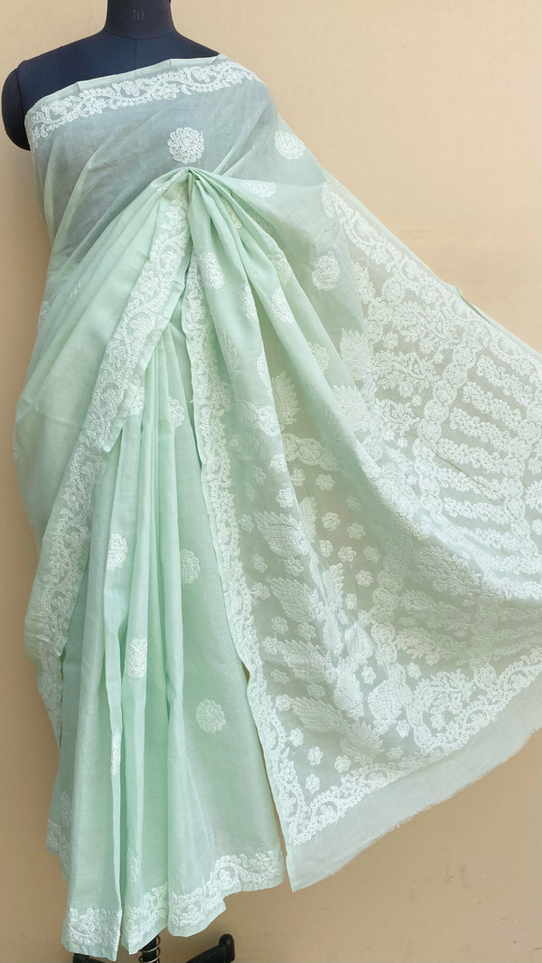 Lucknowi Chikankari Saree Pista Green Cotton