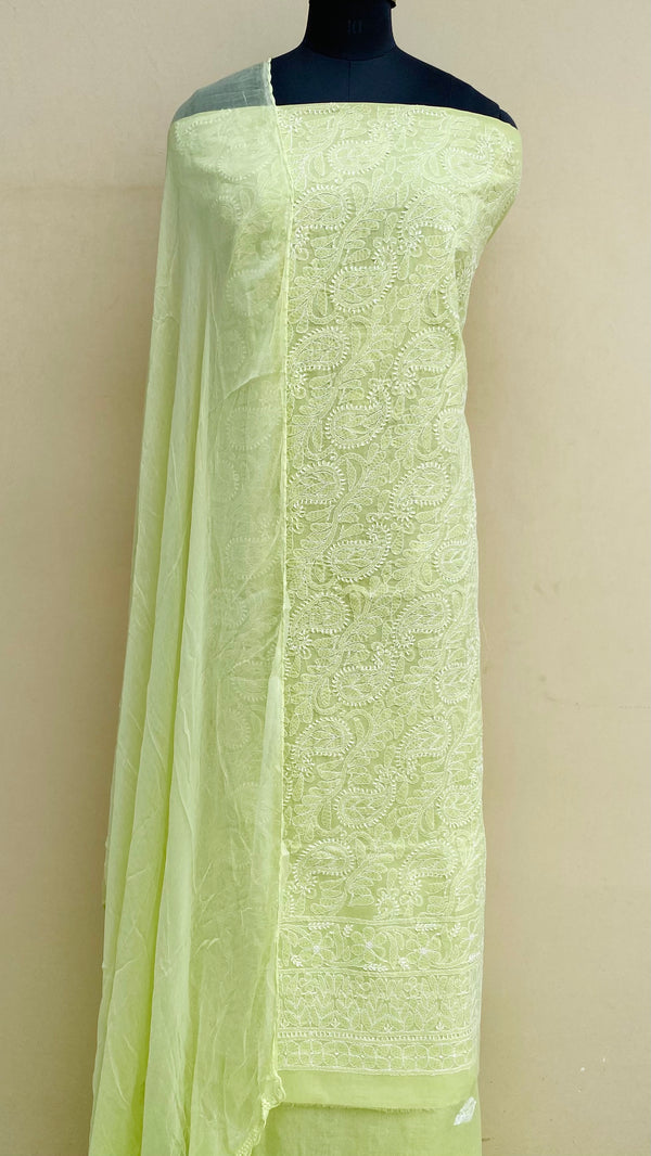 Lucknowi Chikankari Suit Length 3 Piece Parrot Green Cotton