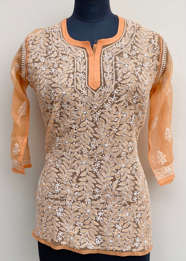 Lucknowi Chikankari Short Kurti Orange Georgette