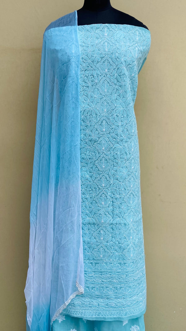 Lucknowi Chikankari Suit Length 3 Piece Blue Cotton