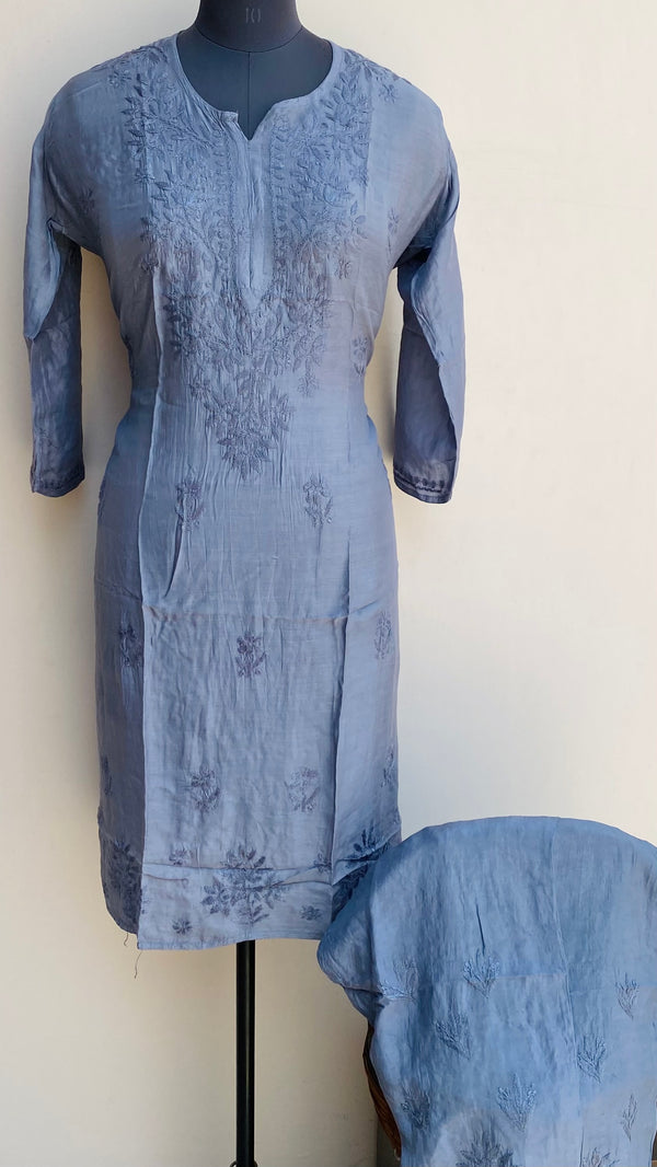 Lucknowi Chikankari Co-ord Set Gray Muslin Cotton With Self Work