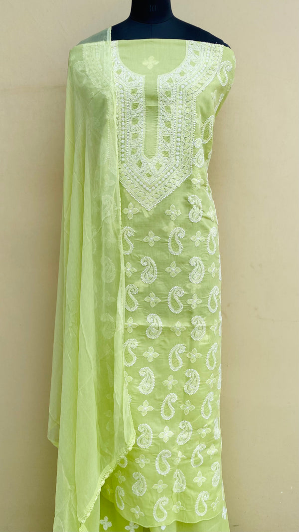 Lucknowi Chikankari Suit Length 3 Piece Parrot Green Cotton With Jaali Work