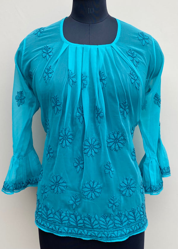 Lucknowi Chikankari Short Kurti Sea Green Georgette