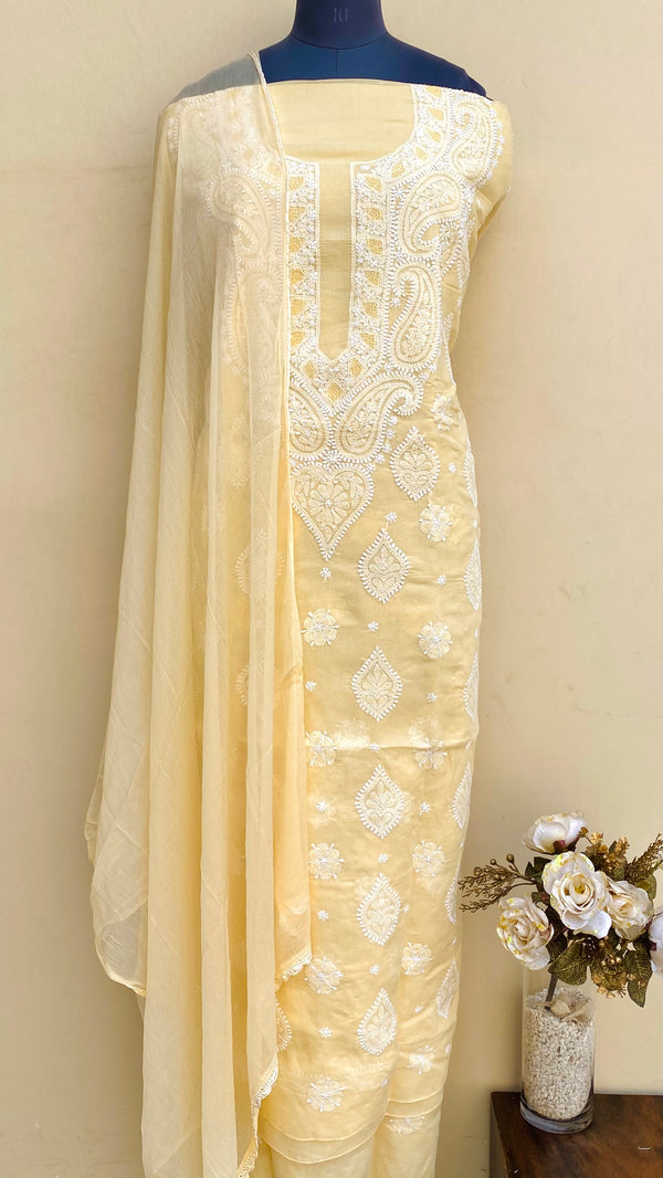 Lucknowi Chikankari Suit Length 3 Piece Yellow Cotton With Jaali Work