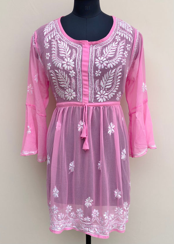 Lucknowi Chikankari Short Kurti Pink Georgette