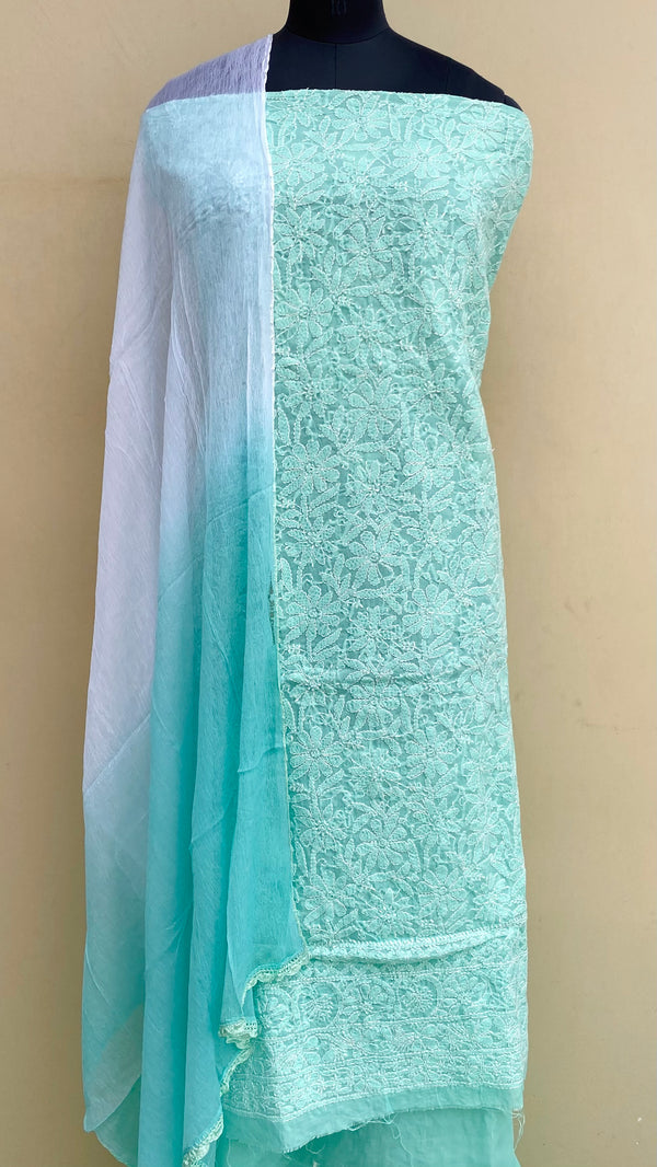 Lucknowi Chikankari Suit Length 3 Piece Sea Green Cotton