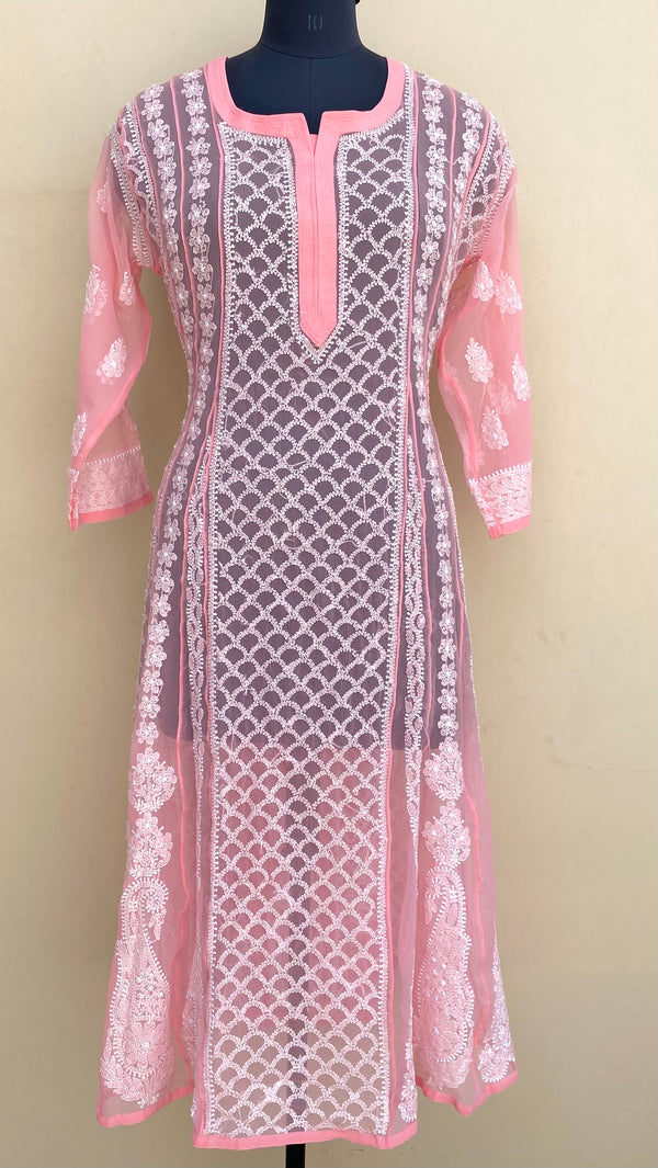 Lucknowi Chikankari Anarkali Kurti Peach Georgette