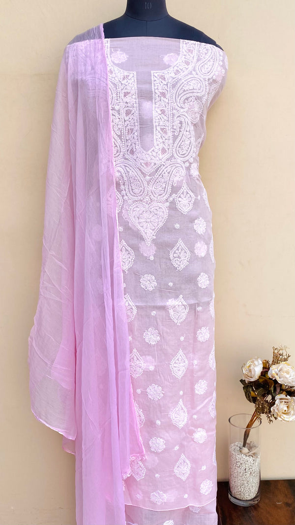 Lucknowi Chikankari Suit Length 3 Piece Pink Cotton With Jaali Work