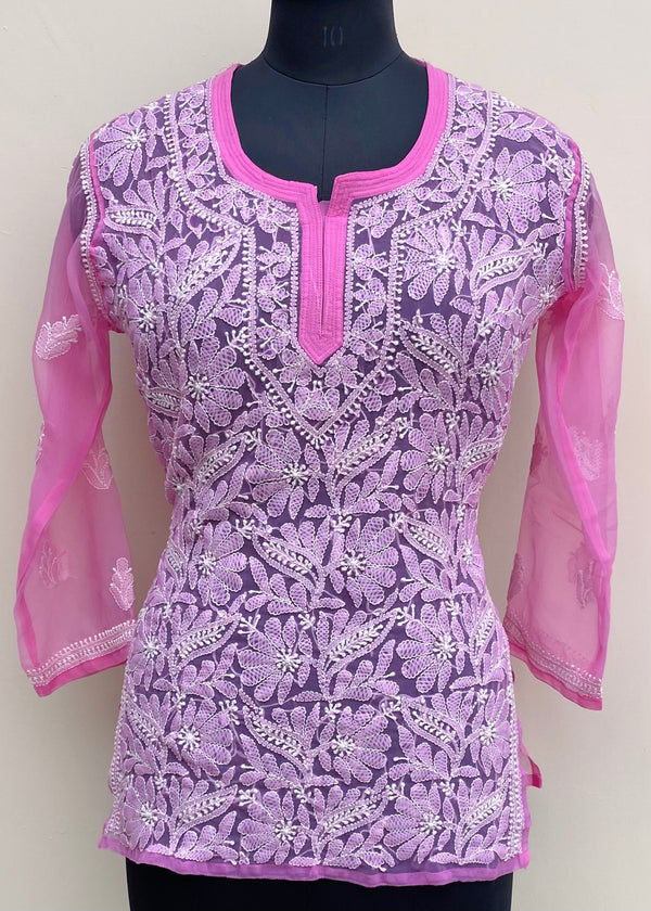 Lucknowi Chikankari Short Kurti Pink Georgette