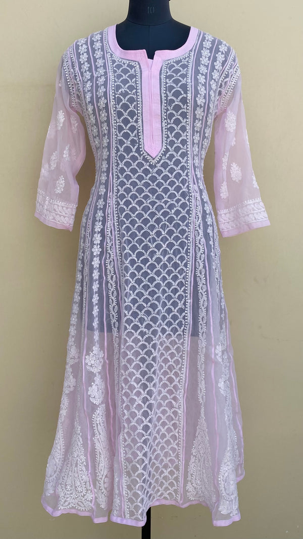 Lucknowi Chikankari Anarkali Kurti Pink  Georgette