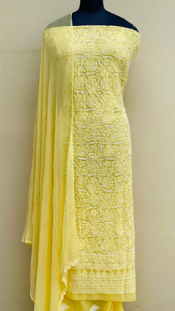 Lucknowi Chikankari Suit Length 3 Piece Yellow Mulmul Cotton