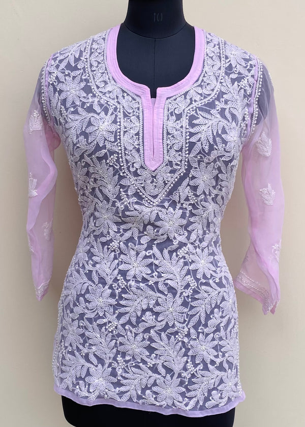 Lucknowi Chikankari Short Kurti Pink Georgette
