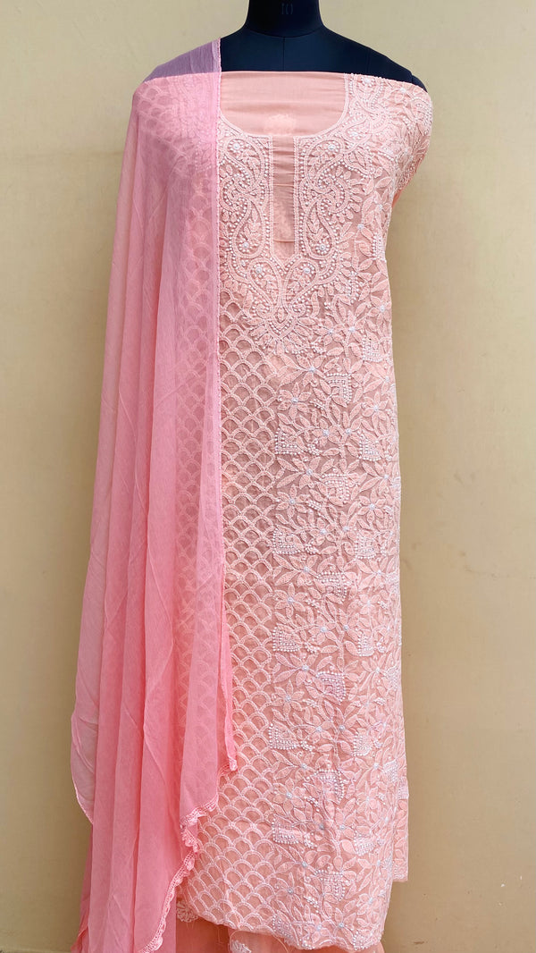 Lucknowi Chikankari Suit Length 3 Piece Peach Cotton