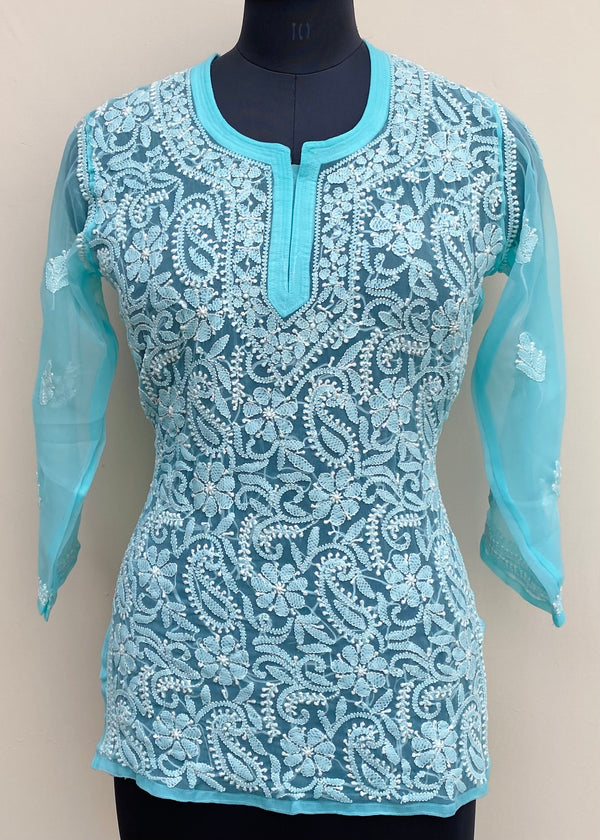 Lucknowi Chikankari Short Kurti Sea Green Georgette