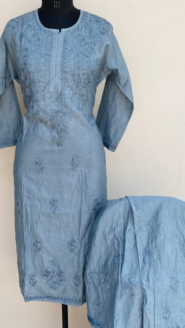 Lucknowi Chikankari Co-ord Set Gray Mal Chanderi With Self Work