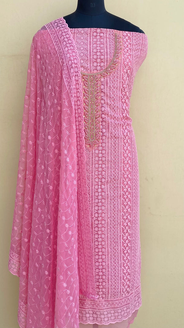 Chikankari Suit Length 3 Piece Pink Georgette With Pearl & Cutdana Work