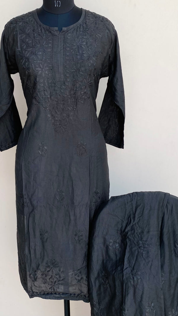 Lucknowi Chikankari Co-ord Set Black Mal Chanderi With Self Work