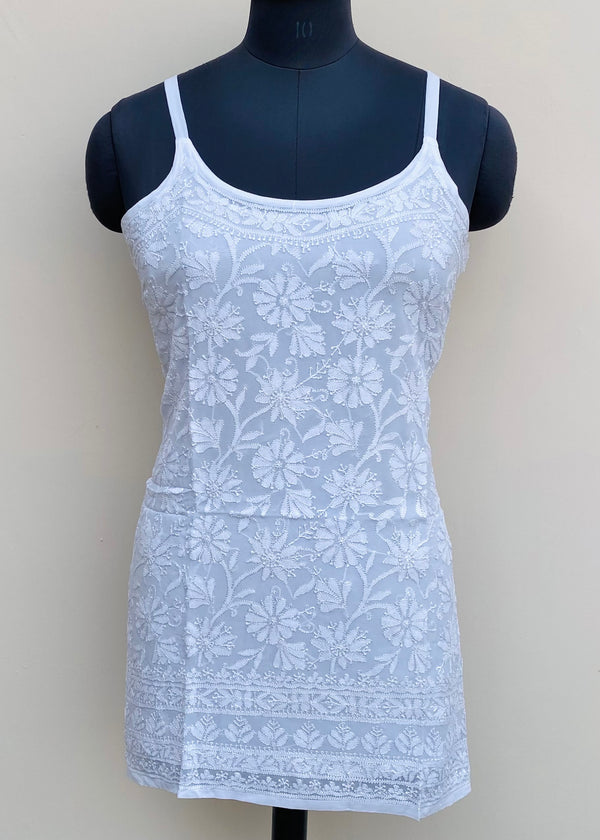 Lucknowi Chikankari Noodle Strap Short Kurti White Pure Georgette With Resham Work