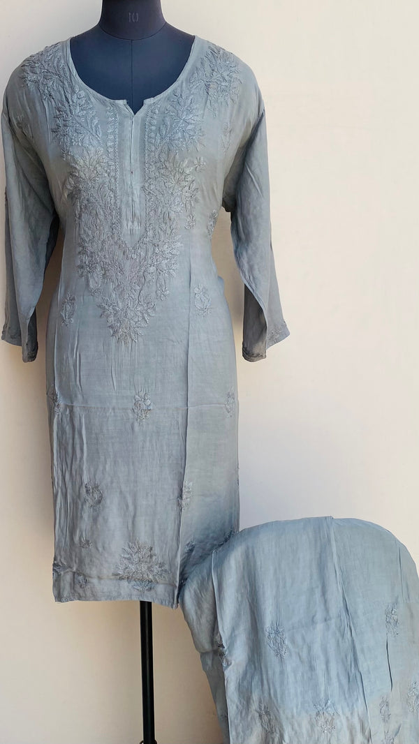 Lucknowi Chikankari Co-ord Set Gray Muslin Cotton With Self Work