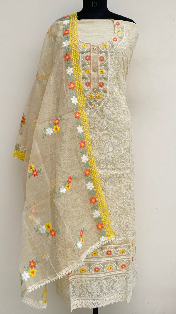 Designer Embroidered Suit Length 3 Piece Beige Kota With Parsi Work