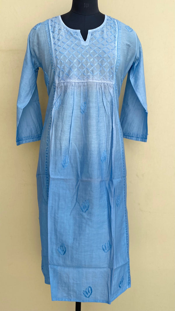 Lucknowi Chikankari Kurti Blue Mal Chanderi With Self 3D Work