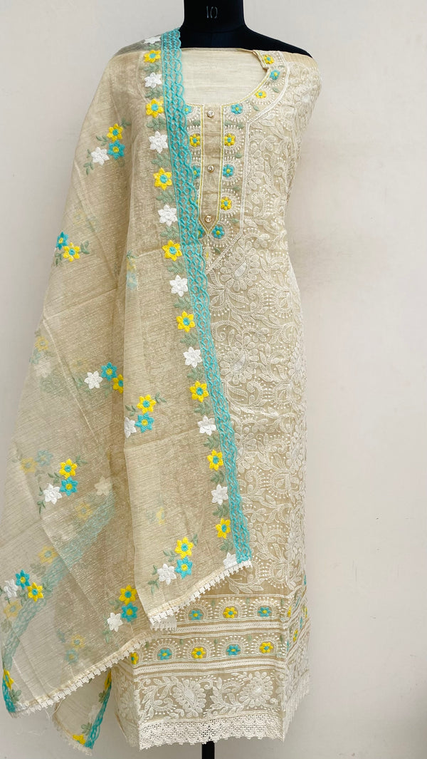 Designer Embroidered Suit Length 3 Piece Beige Kota With Parsi Work