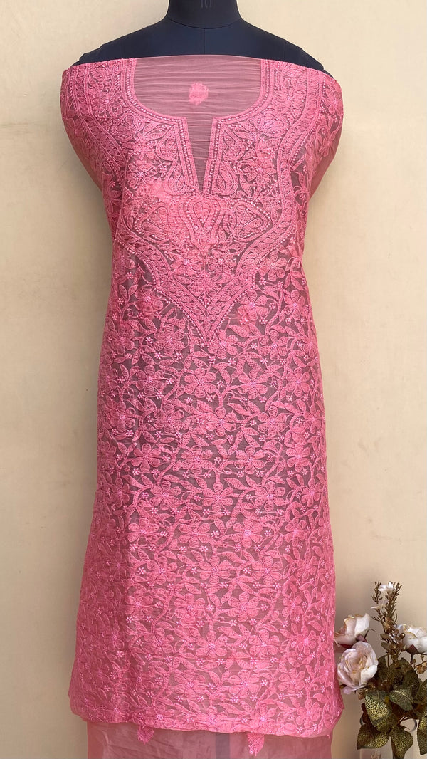 Lucknowi Chikankari Kurta Length Pink Organza